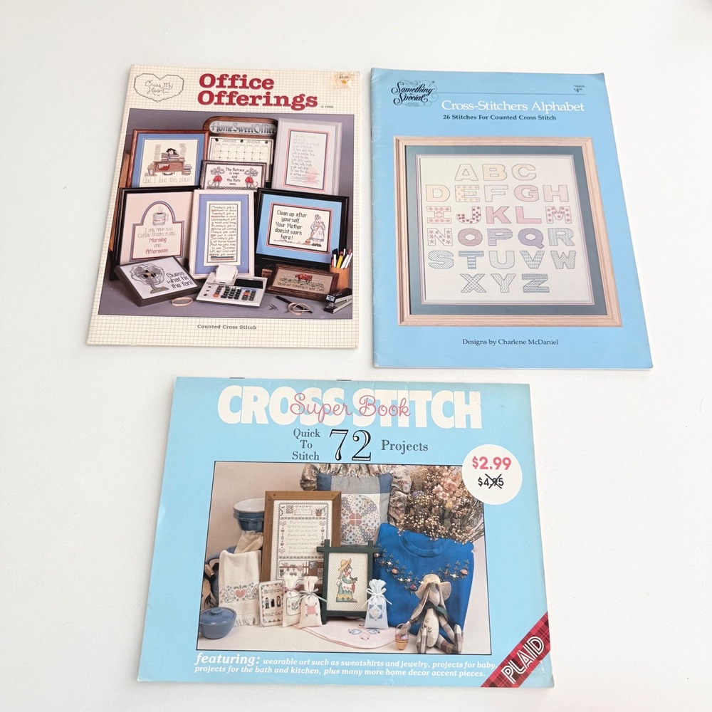 Lot‎ of 3 Cross Stitch Pattern Books Vintage Craft Sewing Alphabet Office